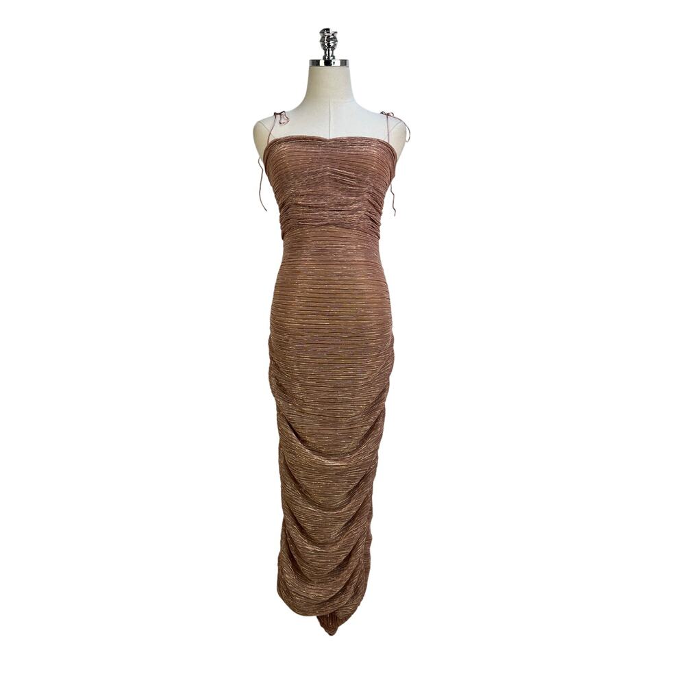 Miss Circle The Glint Rose Gold Ruched Chiffon Long Maxi Dress